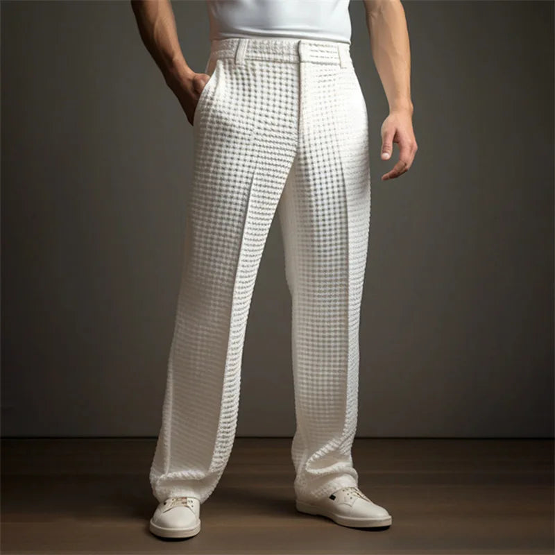 New 2026 Men's Elegant Waffle Suit Pants Solid Loose Straight Trousers Business Social Dress Pants Casual Vacation Pants for Men