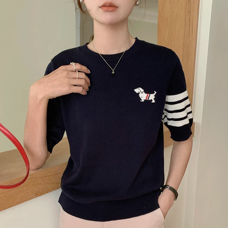 Women's Embroidered Striped Cotton T-Shirt — Loose Round-Neck Summer Top