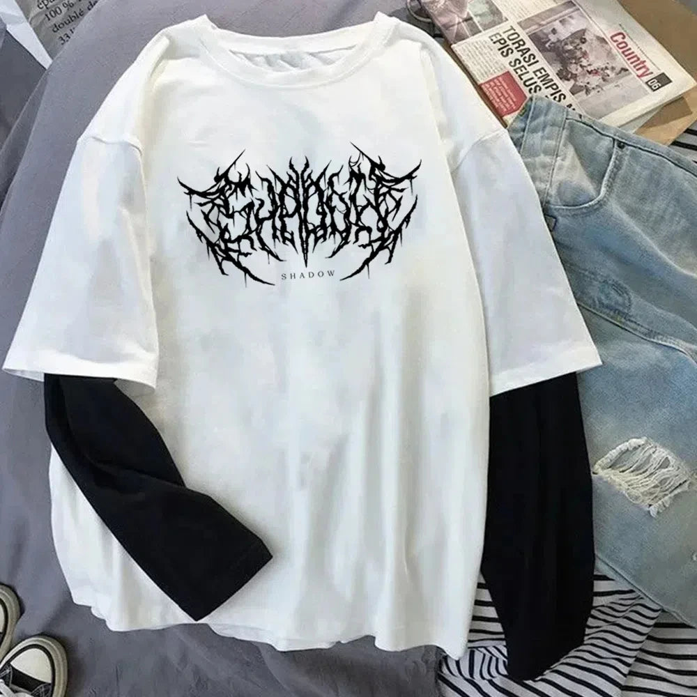 Fashion Punk Dark Style Printed Round Neck T-shirt Y2K Sport Harajuku Thin Women's Top Long Sleeves T Shirt Outdoor Loose Shirt