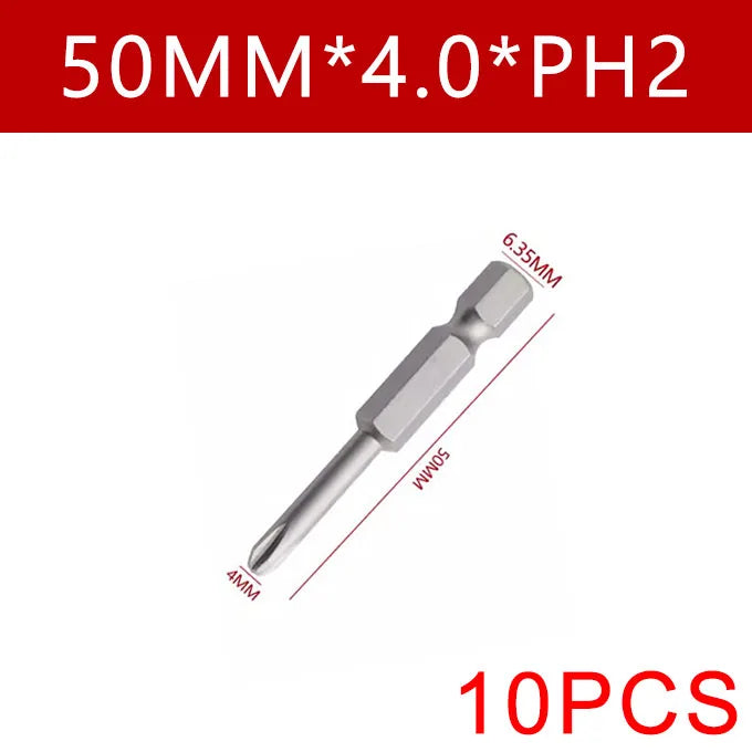 Cross Screwdriver Bit Set — 50mm Alloy Steel 1/4" Hex PH0/PH1/PH2 Bits