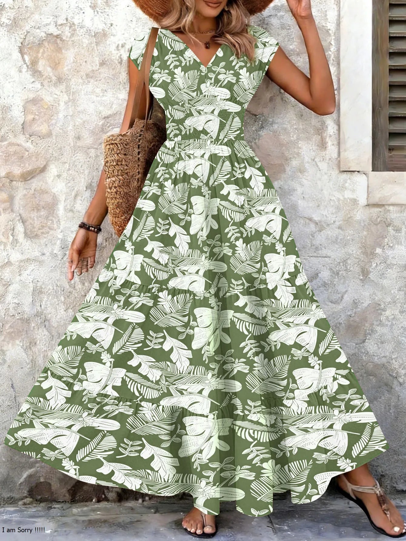 Women's Vintage Floral Print Maxi Dress – Elegant V-Neck Short-Sleeve Floor-Length Gown