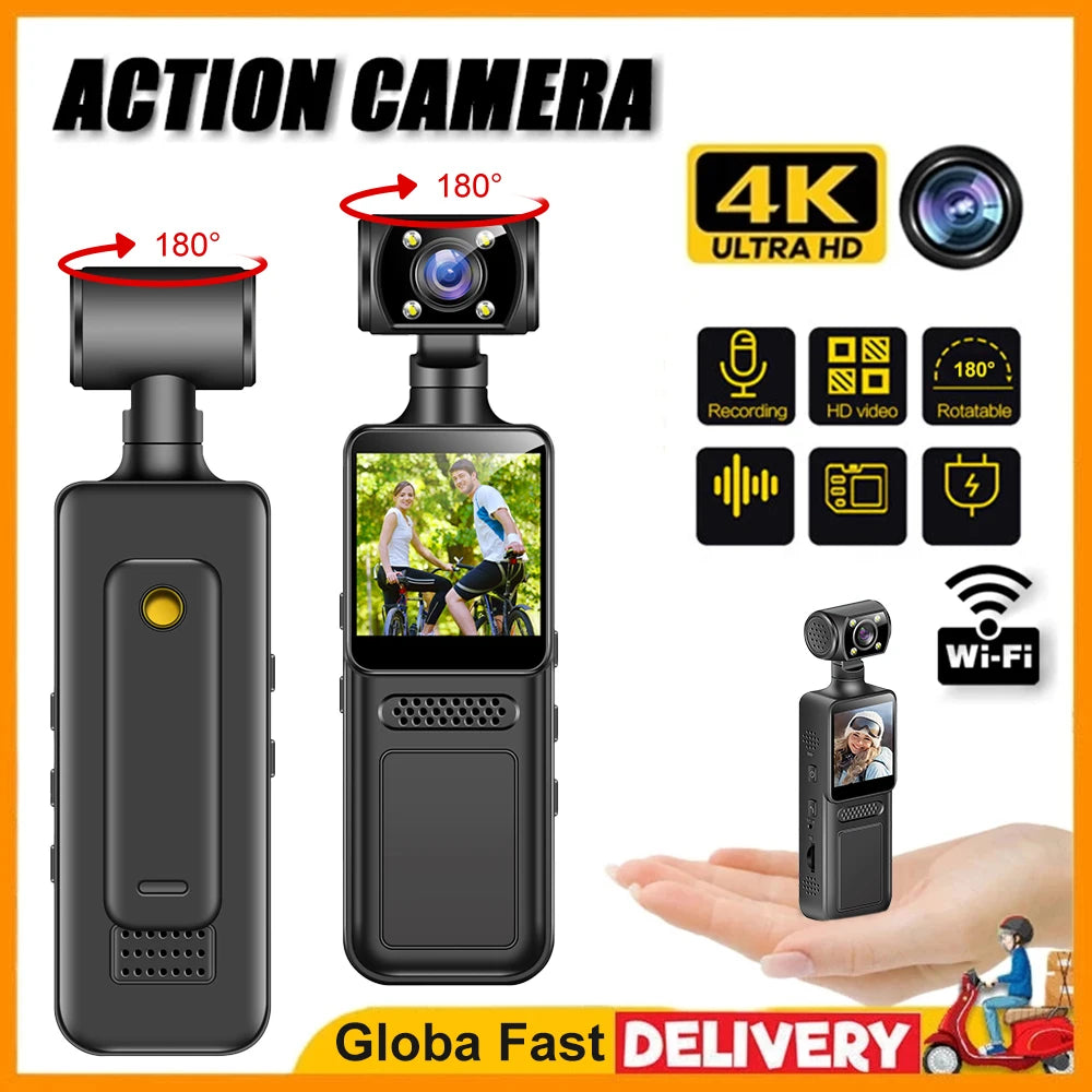 4K Mini Action Camera — 180° Rotating Wearable Sports Cam
