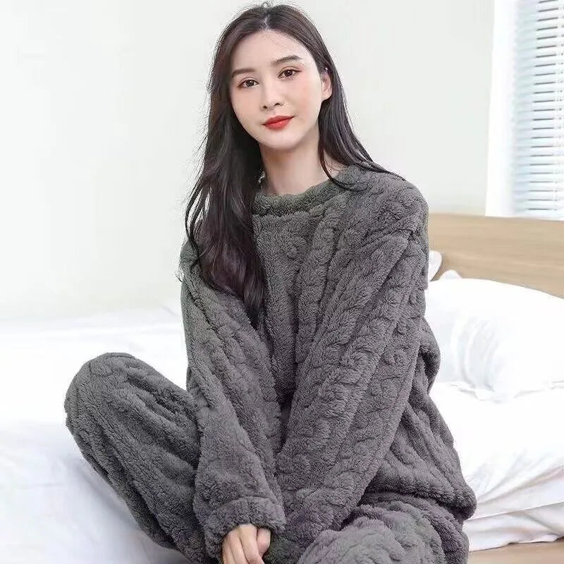 Women's Thick Coral Fleece PJs - Round Neck Winter Sleepwear, Plus Size - photo 12