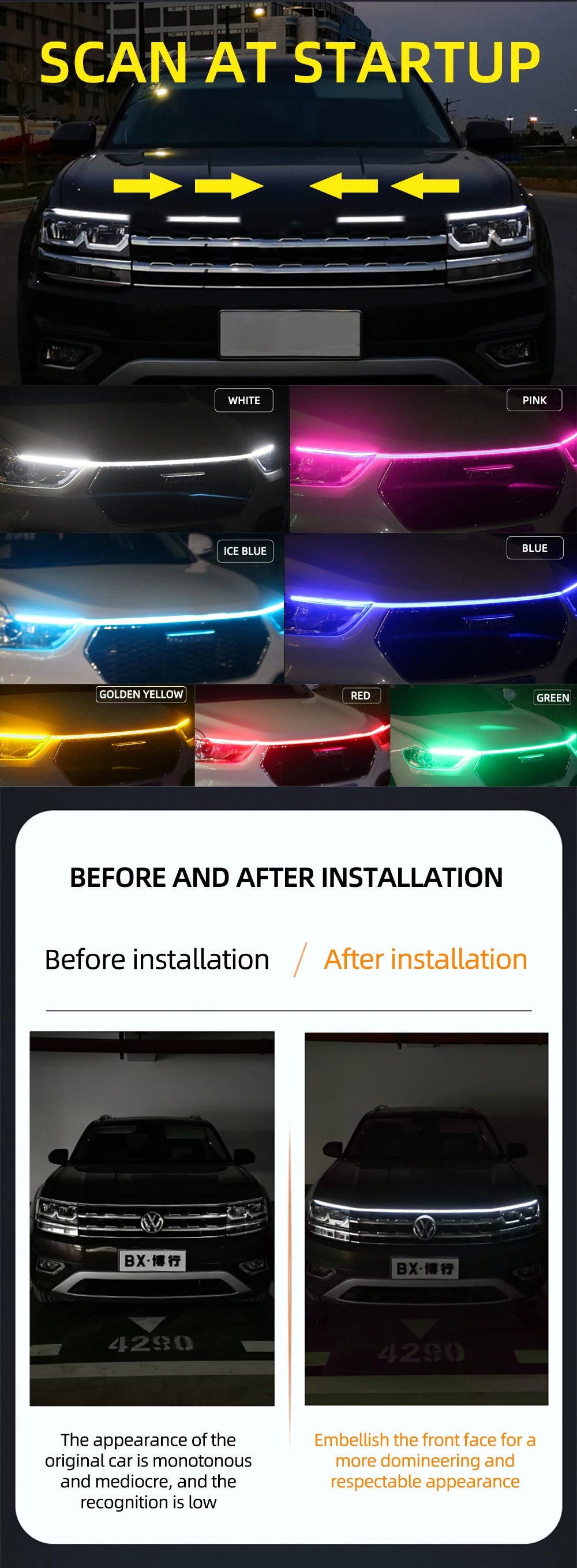 RXZ LED Daytime Running Light – Car Hood Decorative DRL Ambient Lamp 12V Scan Start Effect