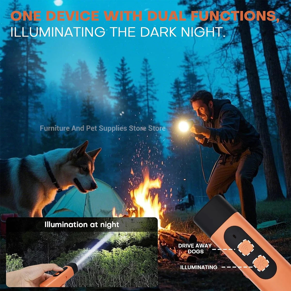 Rechargeable Ultrasonic Dog Repeller & Anti-Bark Deterrent – Dog Training Device with LED Flashlight | Orange