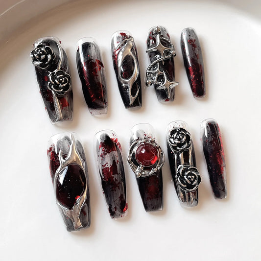 Gothic Press-On Nails - Red Glitter with Metal Rose Design and Gems