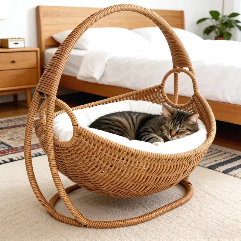 Woven-Look Semi-Enclosed Cat Bed - Basket Style House