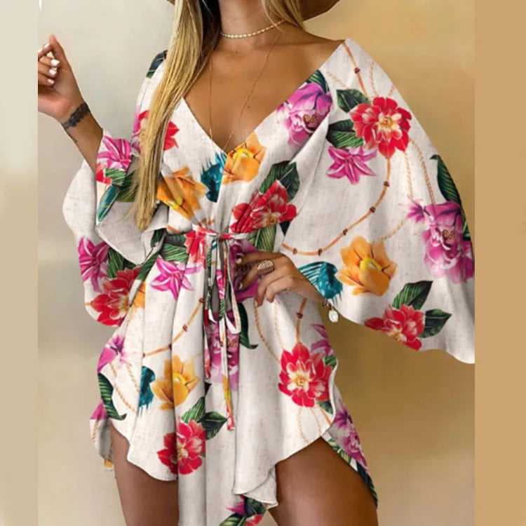 Women's Floral Print Bohemian Beach Sundress – V-Neck Bat Sleeve Ruffle Loose Summer Mini Dress