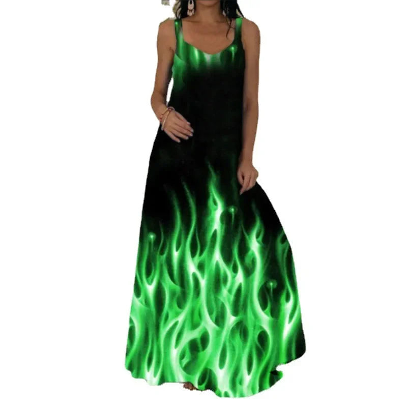 Flame Print Sleeveless Maxi Dress – Casual Summer