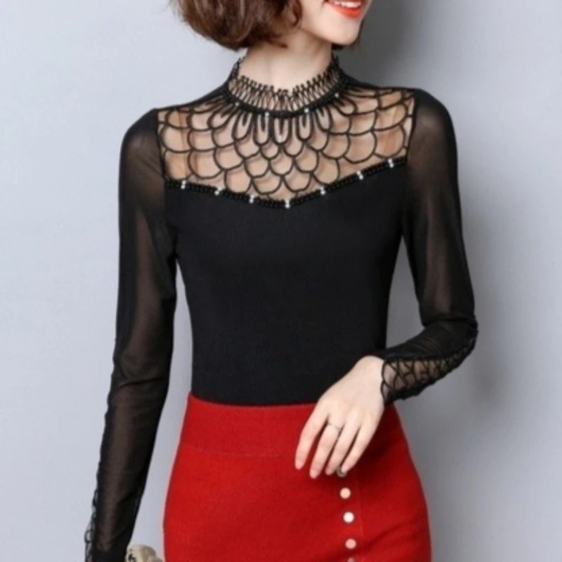 Women's Hollow Out Lace Patchwork Blouse - Long Sleeve Slim Top - photo 5
