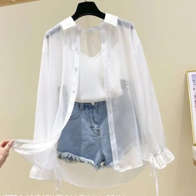 Women's Chiffon Button-Up Blouse — Bow Lace-Up Long-Sleeve Shirt