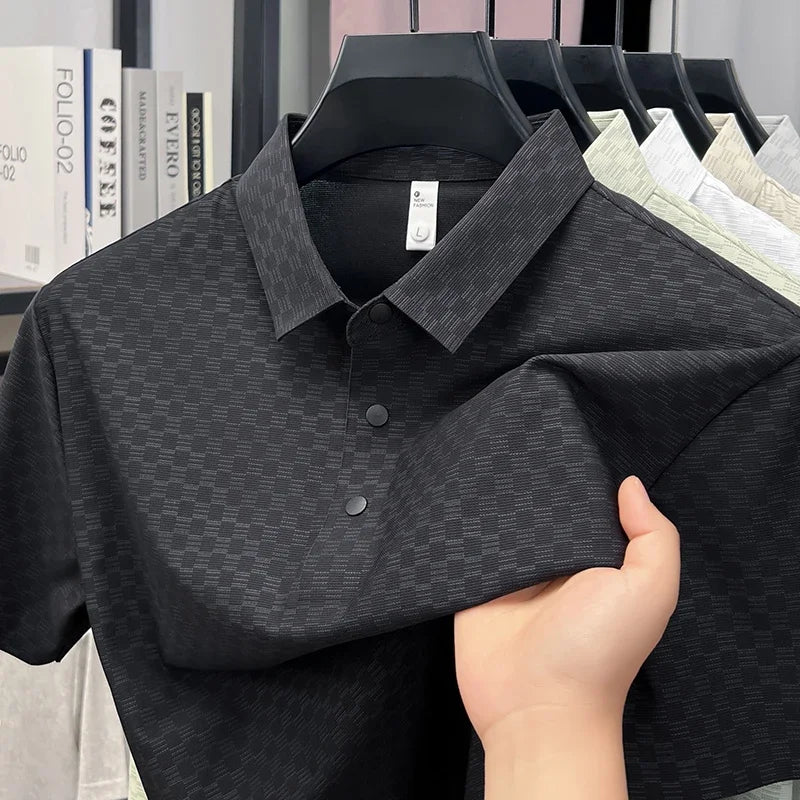 Men's Hollow-Grid Polo - Lapel Three-Button, Breathable Stretch