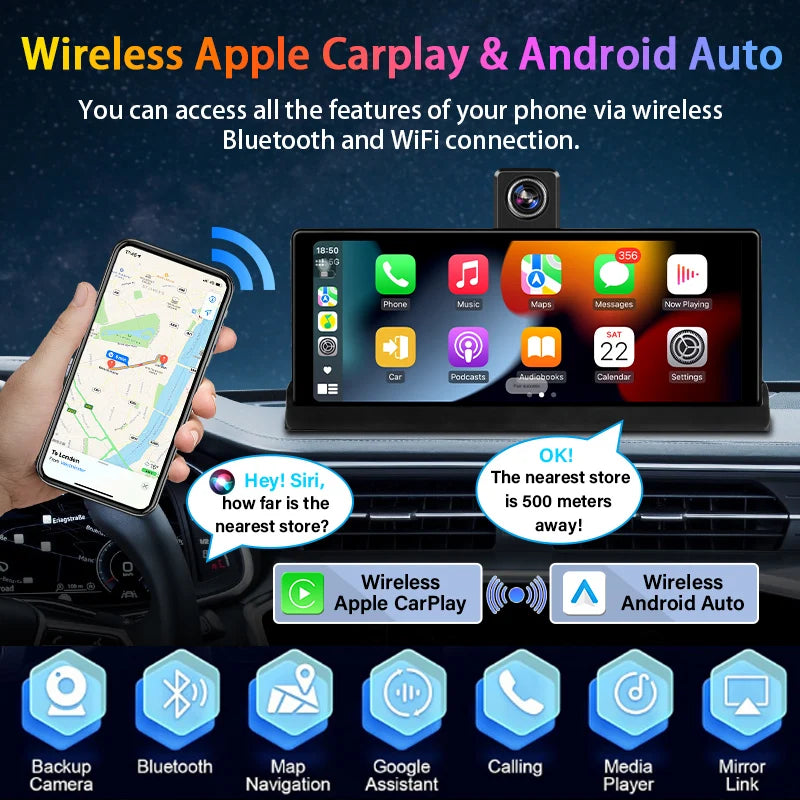 10.26" 4K Dash Cam with Wireless CarPlay & Android Auto — GPS Navigation, 5G WiFi, Rear-View Camera