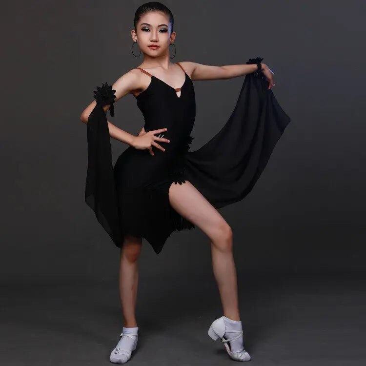 Girls Latin competition dress with fringe skirt