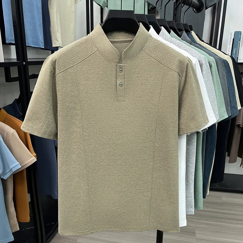 Men's Mandarin Henley Tee - Hollow-Grain Shoulder, Cool Lightweight
