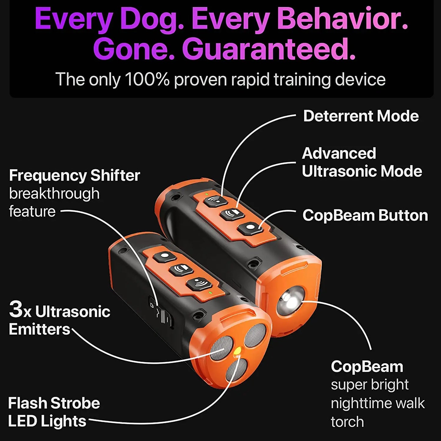 Ultrasonic Dog Repeller & Anti-Bark Deterrent Device – Rechargeable with LED Flashlight | Black & Orange