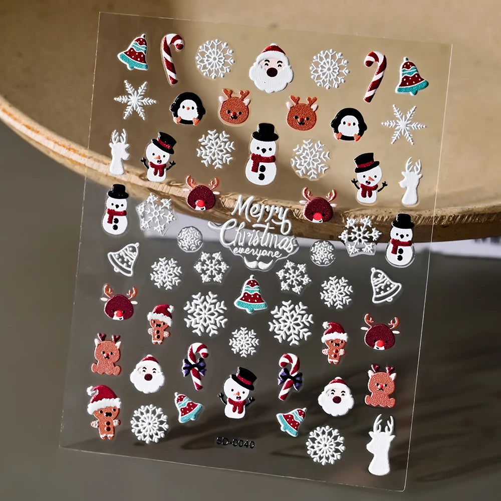 1pcs 5D Embossed Snowflakes/Snowman/Santa Claus/Reindeer Nail Art Stickers Self-Adhesive Cute Christmas Nail Art Decals 8*10CM