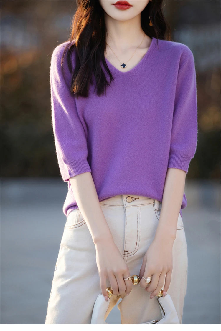 RONGYI Spring/Summer 2026 Ladies Sweater Pullover Solid Color V-neck Half-sleeved Knitted Cashmere Sweater Thin Casual Top