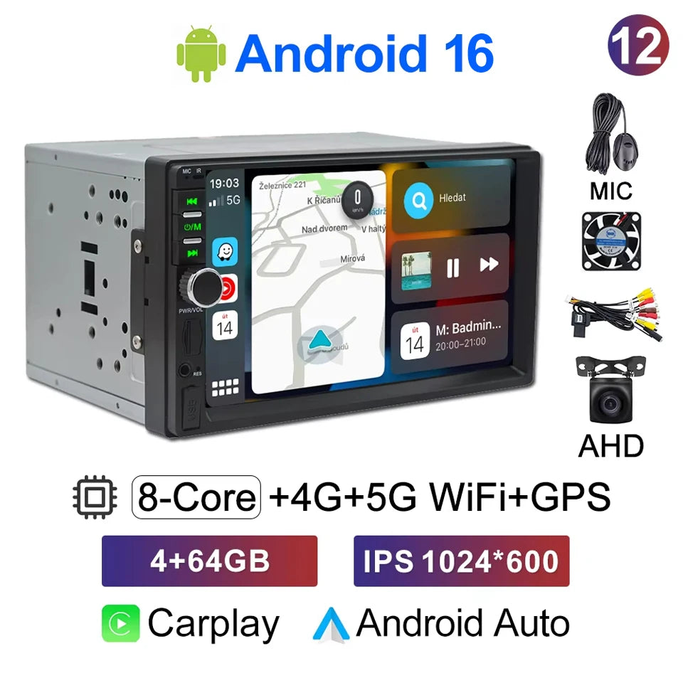 CAIXI Universal 2-DIN Android 14 Car Stereo — CarPlay, Android Auto, GPS for Toyota, Nissan, Jeep, Hyundai, Kia, Chevrolet, VW, Fiat