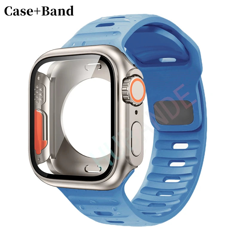 Silicone strap For Apple Watch 44mm 45mm 41mm 40mm Bracelet+Screen protectores Change to Ultra For iWatch Series 9 8 7 SE 6 5 3