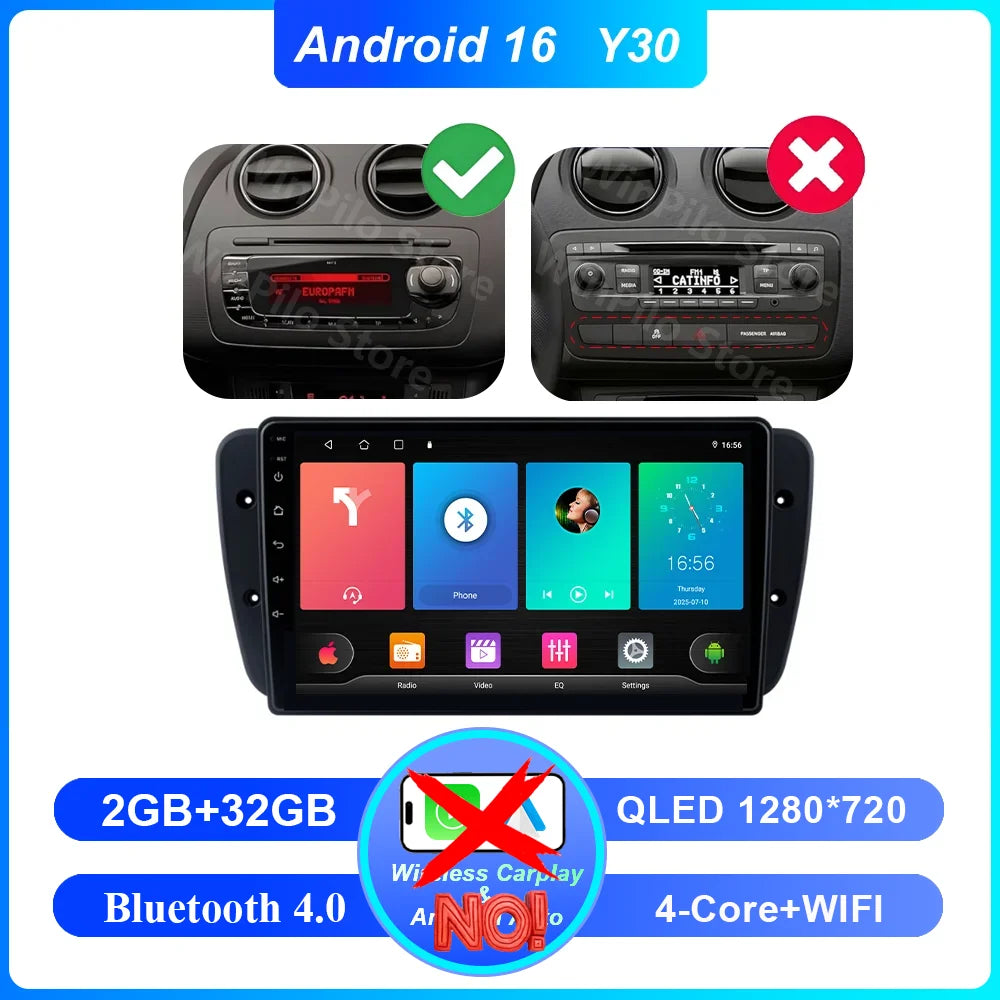 9" Android Car Stereo for Seat Ibiza MK4 6J (2008–2015) — CarPlay, Android Auto, GPS, 4G, WiFi