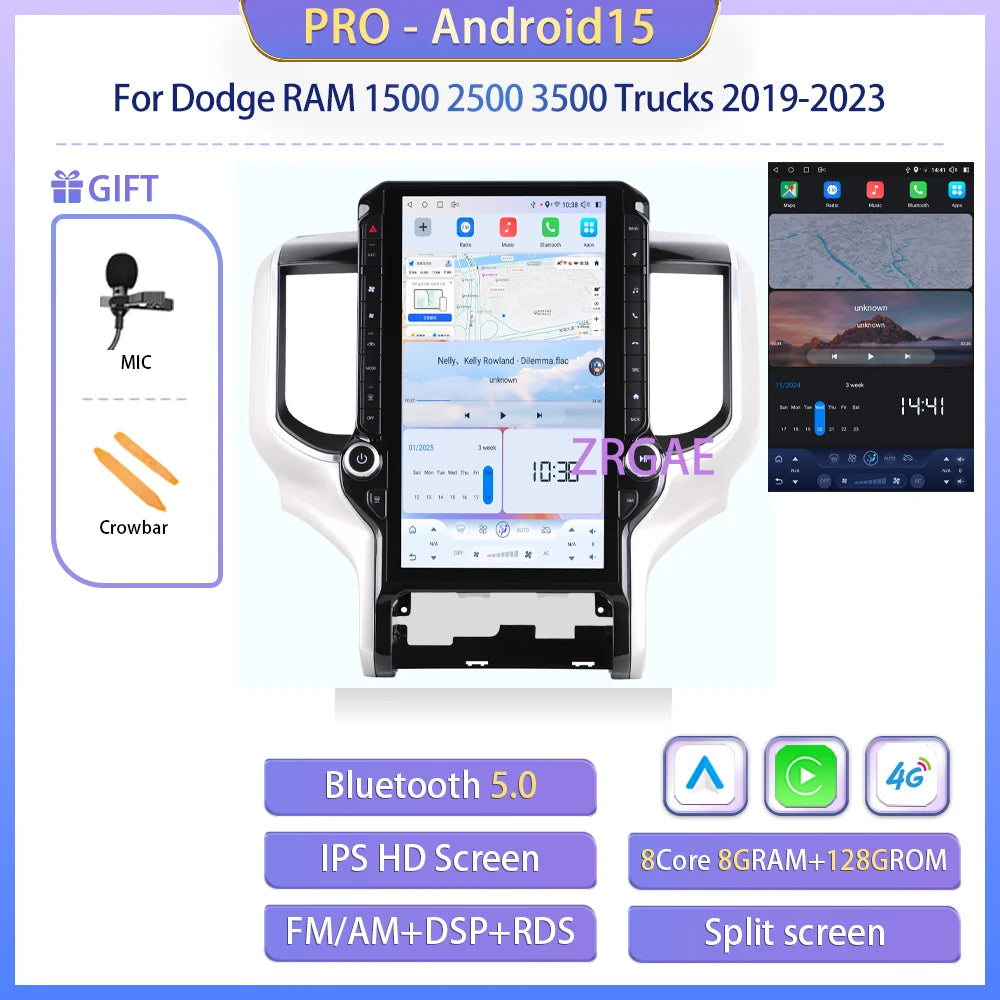 Android 15 Car Radio for Dodge Ram 1500/2500/3500 2019-2023 - 14.5" Tesla-Style Screen