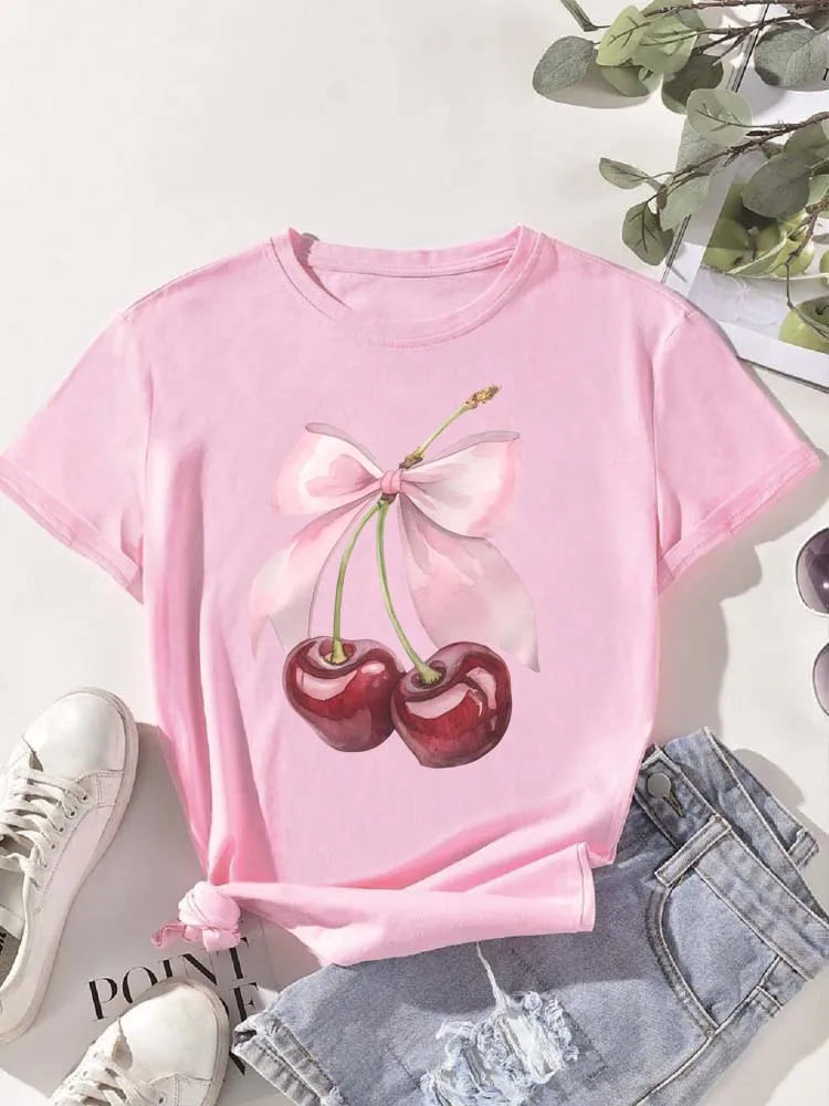 Women's Cherry-Print Tee — Crew-Neck Casual Short-Sleeve Top