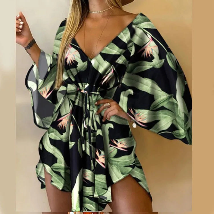 Women's Floral Print Bohemian Beach Sundress – V-Neck Bat Sleeve Ruffle Loose Summer Mini Dress