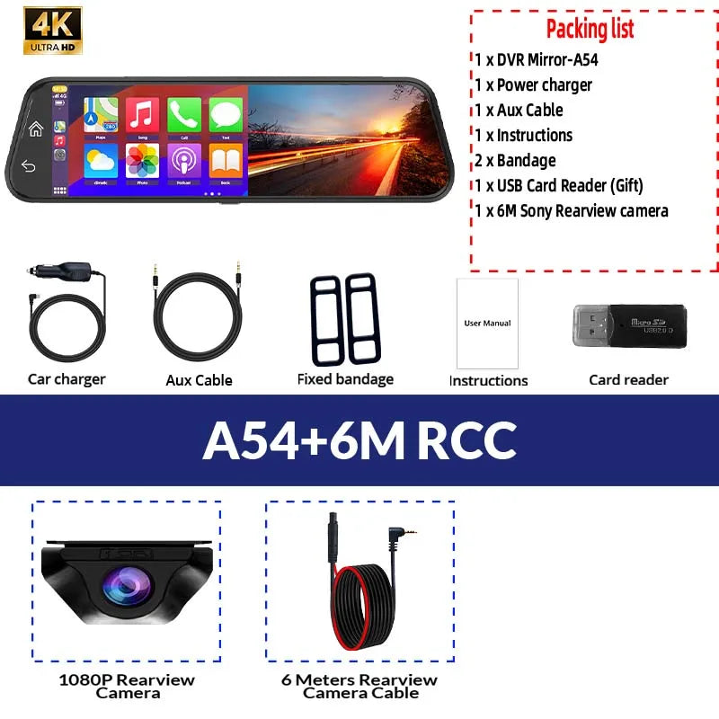 10 Inch 4K Mirror Dash Cam Suppost Wireless Carplay & Android Auto WIFI GPS Navigation Dual Lens Video Recorder Car Dvr
