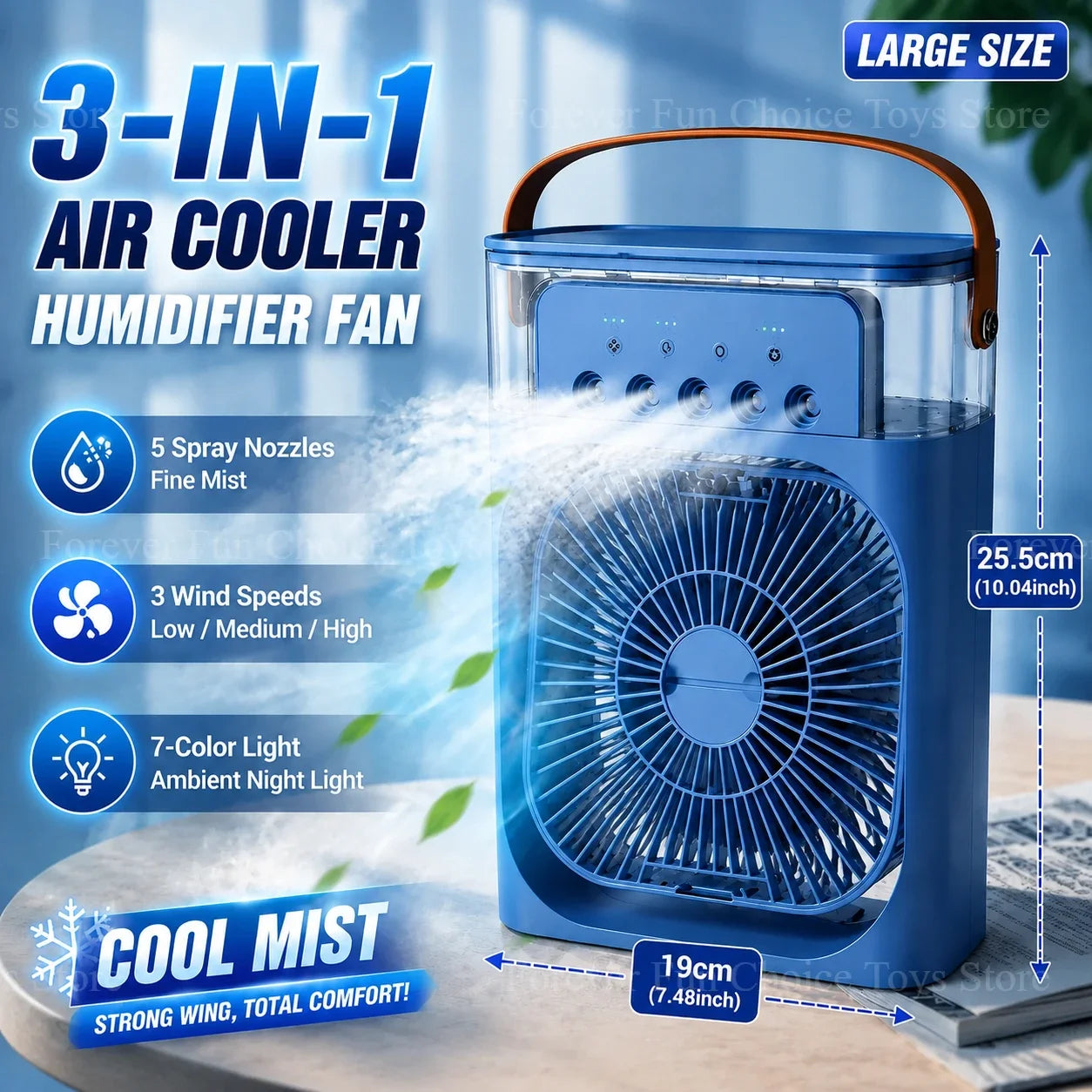 3-in-1 Portable Evaporative Air Cooler – Misting Fan, Humidifier & LED Light