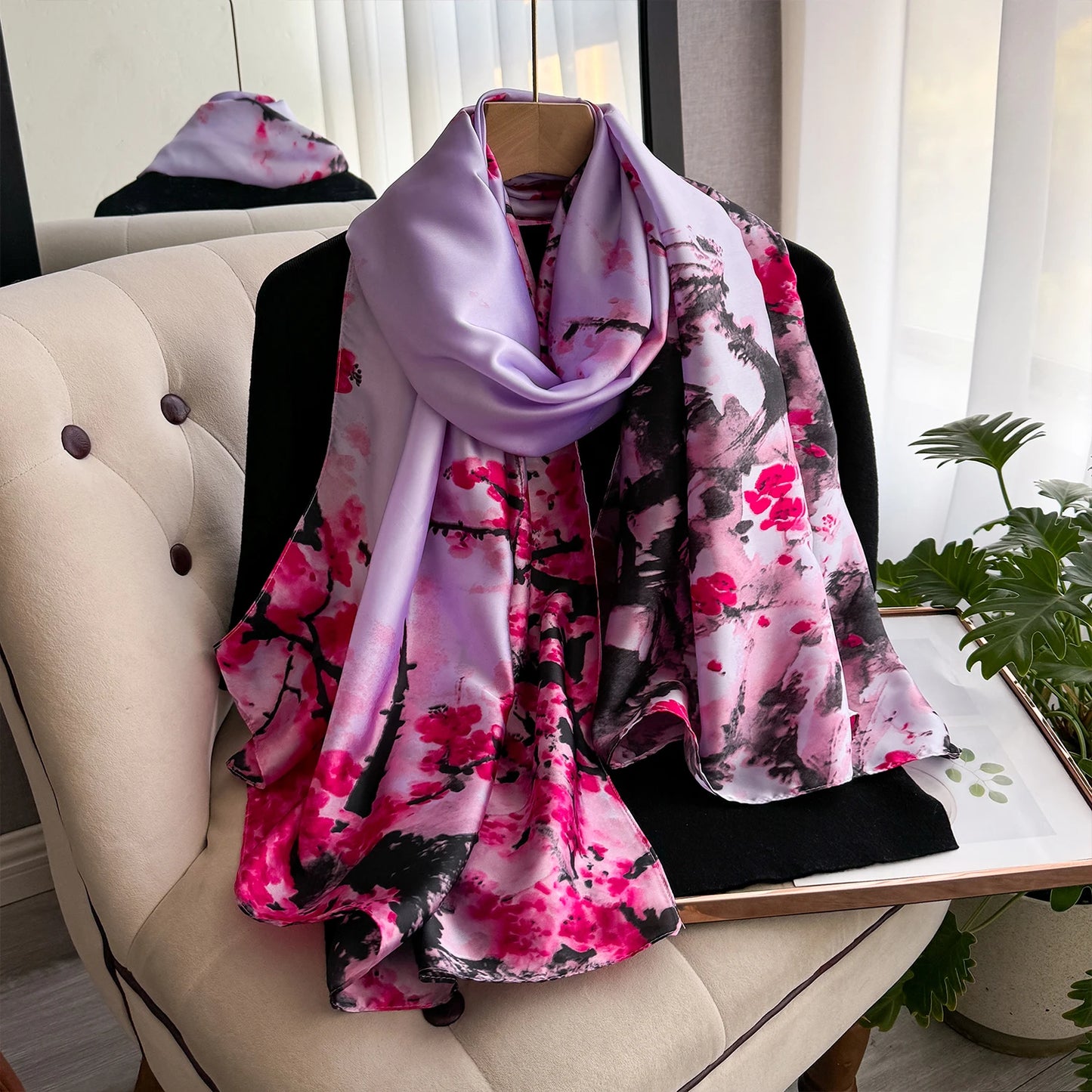 Latest Spring High Quality Soft Silk Scarf Women Ladies Elegant Floral Scarf Fashion Shawl Beach sun Protection Designer Scarf