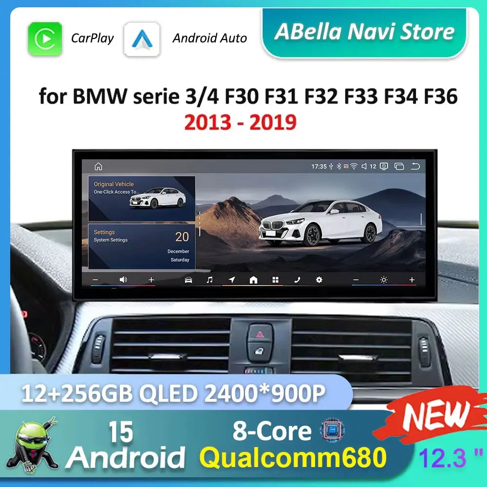 12.3" Android CarPlay Screen for BMW 3/4 Series F30 F31 F32 F33 F34 F36 (2013–2019) NBT/EVO — Android Auto, GPS, 4G