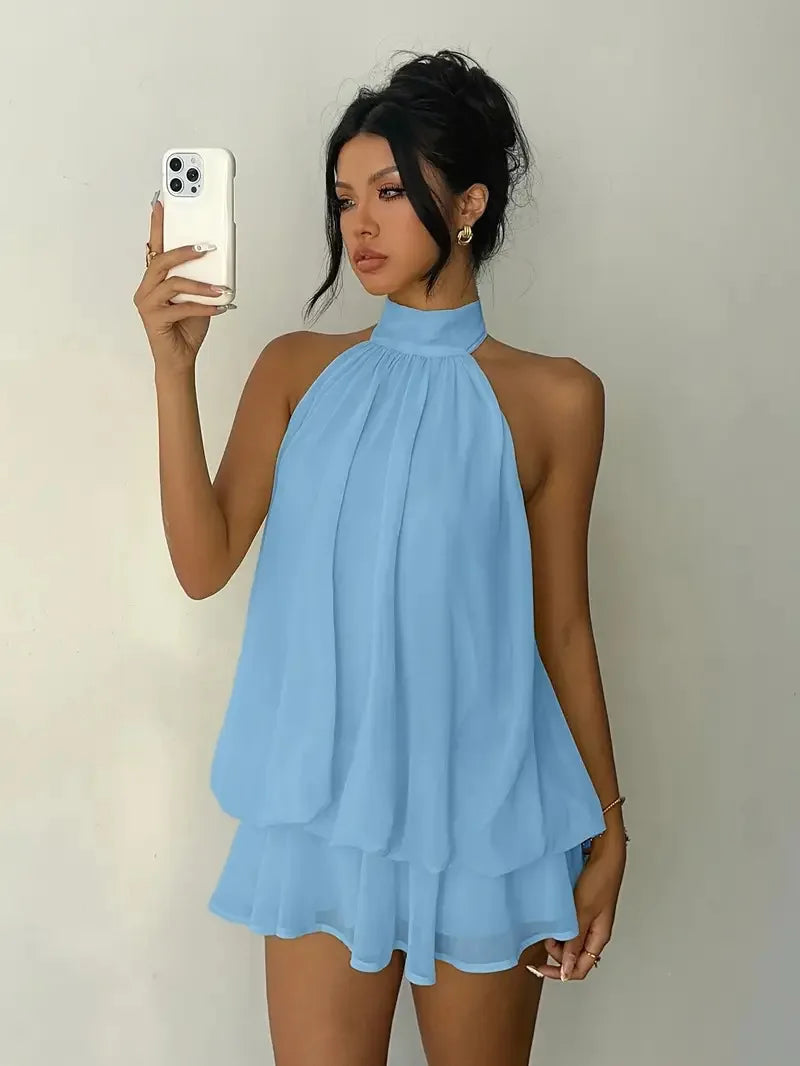 Women's Halter Backless Chiffon Mini Dress — Tie-Front Party Dress