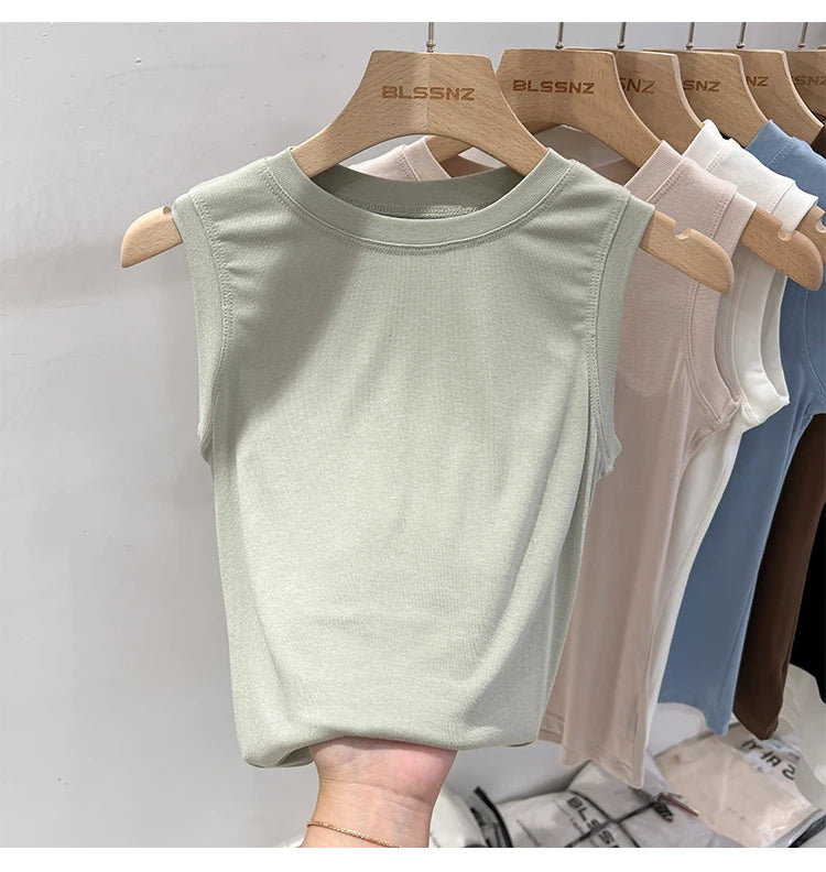 zjaiss 2026 Cotton Tops Neck Summer Basic Shirts White Black Casual Sport Vest Off Shoulder Green Women's Tank Top