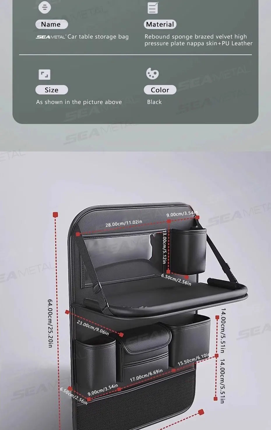 SEAMETAL Car Seat Back Storage Bag Large Capacity Multi-Pocket Backseat Organizer Foldable Dining Table Tablet Tray Hanging Bag