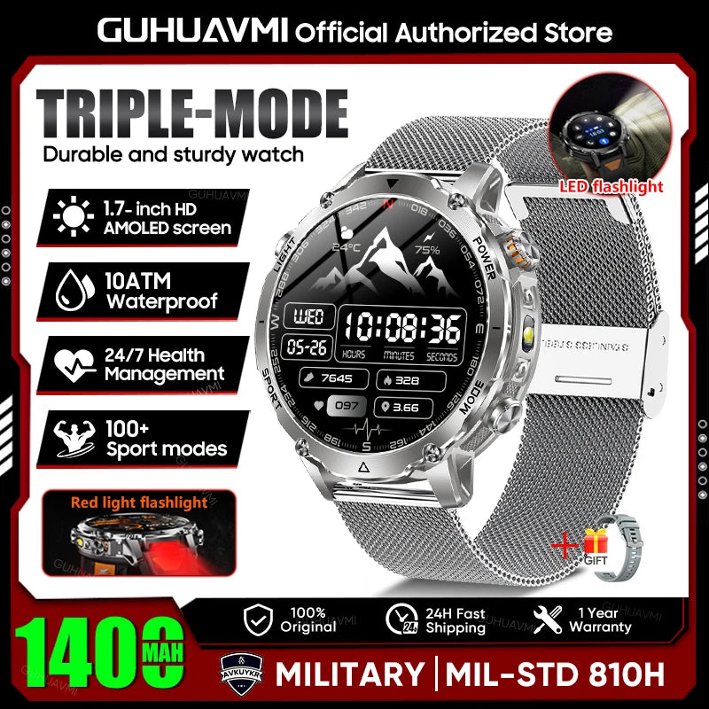 Rugged Outdoor Smart Watch — 1400mAh, 10ATM, Torch & BT Call