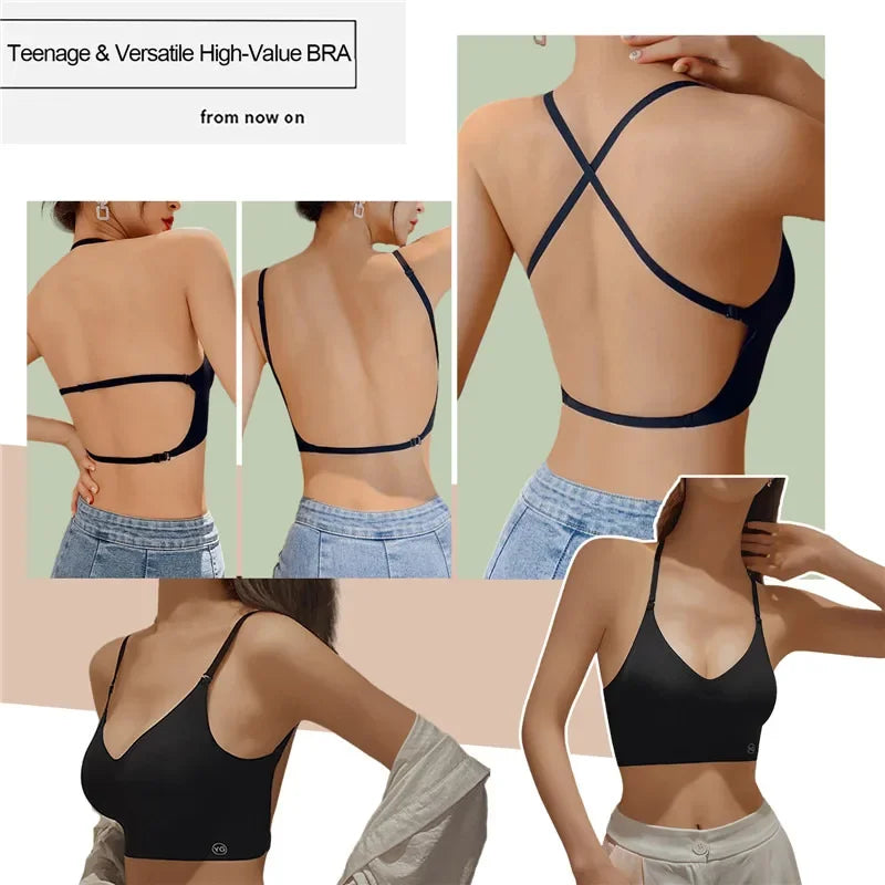 Sexy U-shaped Back Lingerie Female Inner Wear Summer Thin Without Trace Backless Triangle Cup Polymerization Bra