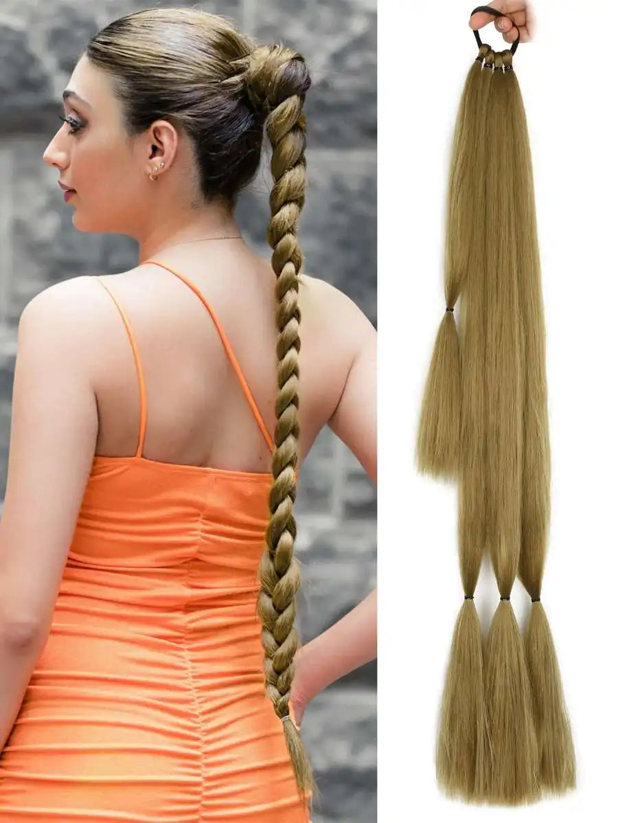Long Braided Ponytail Hair Extensions With Hair Tie, Straight Wrap-Around Synthetic Hair, Natural Soft
