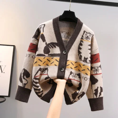 Women Cardigan Sweater Spring Autumn Long Sleeve V-Neck Wild Knitted Jacket Female Cartoon Printing Thick Sweater Cardigan Coat