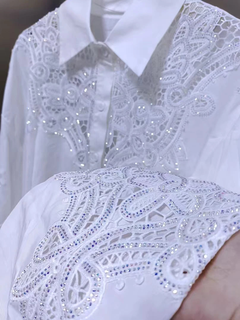 Luxury Diamonds Sequins Hollow Out Embroidery Y2K Cotton Blouses Shirts Women 2025 Autumn Lantern Sleeve Tops Camisas De Mujer