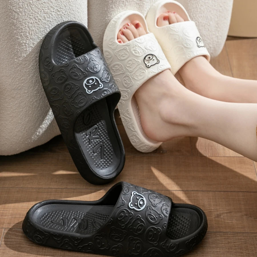 Fashion Cute Printting Bear Women's Slippers Bathroom Non-slip Thick Soft Sole Summer Indoor Comfy Beach Leisure Couple Shoes