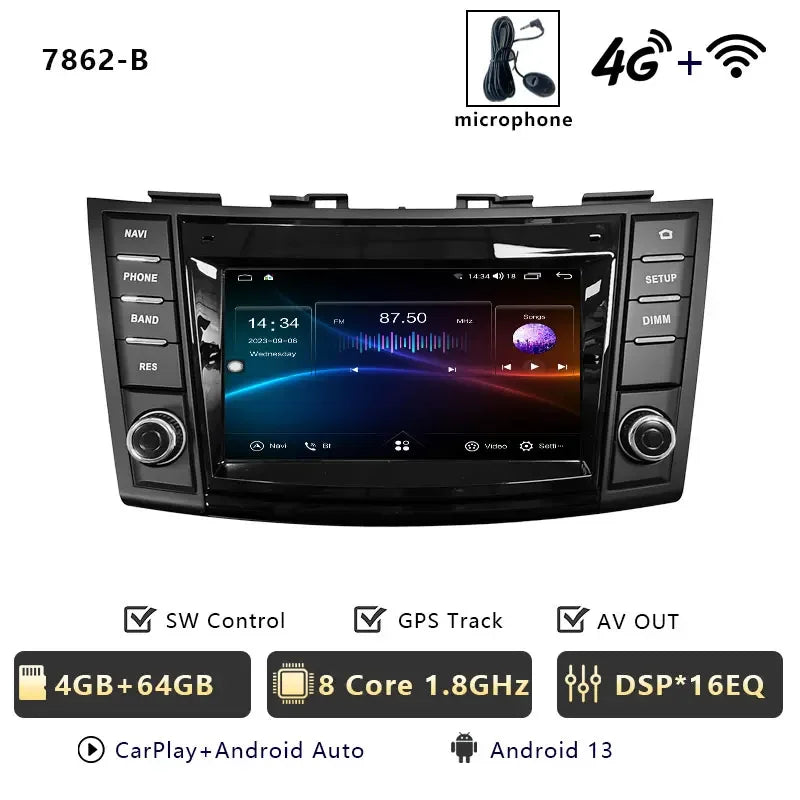 Android Car Stereo for Suzuki Swift 4 (2011–2016) — Wireless CarPlay, Android Auto, GPS, 4G, WiFi