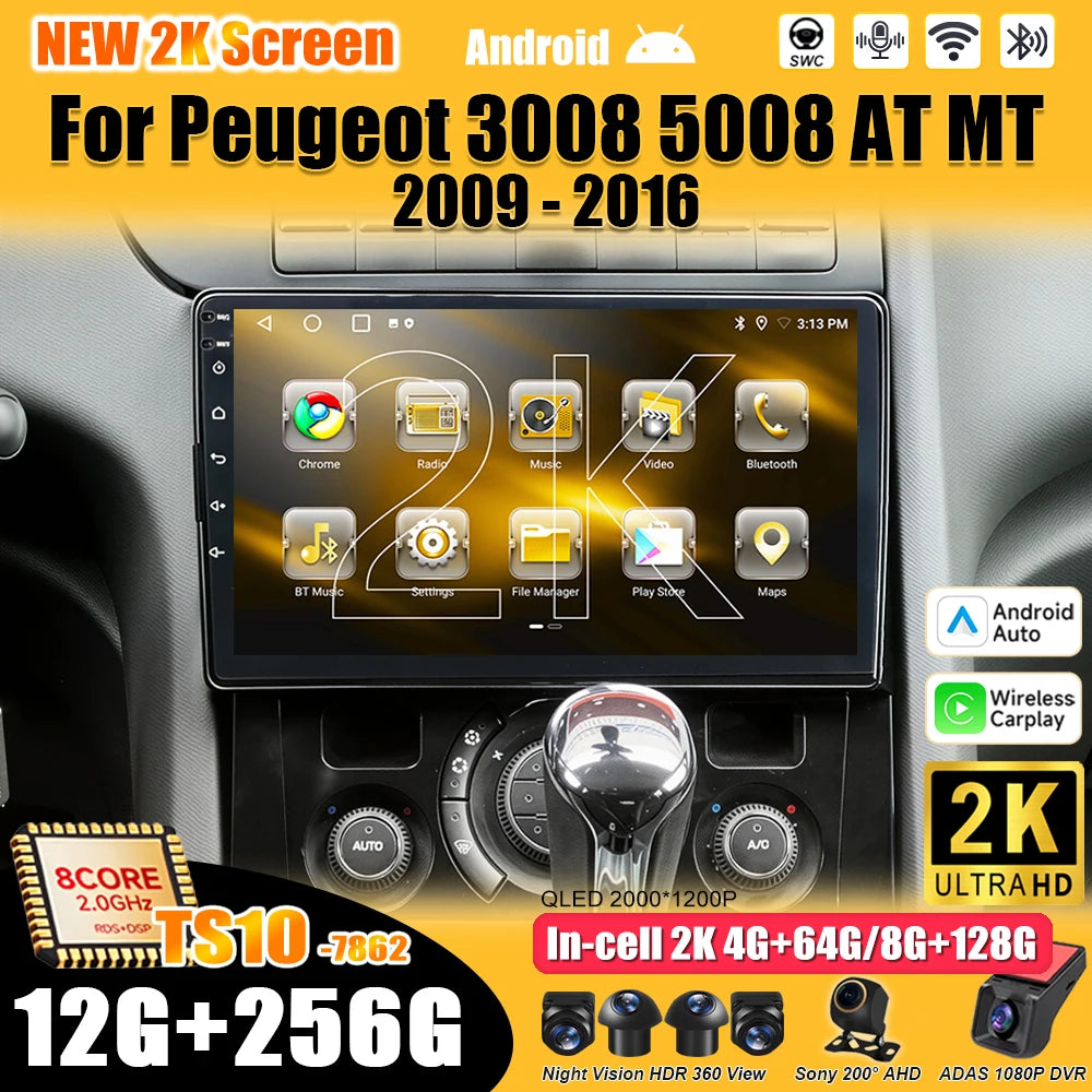For Peugeot 3008 5008 AT MT 2009 2012-2016 Android 16 Car Radio Multimedia Video Player 2 Din Carplay Bluetooth 8 Core Wifi 4G