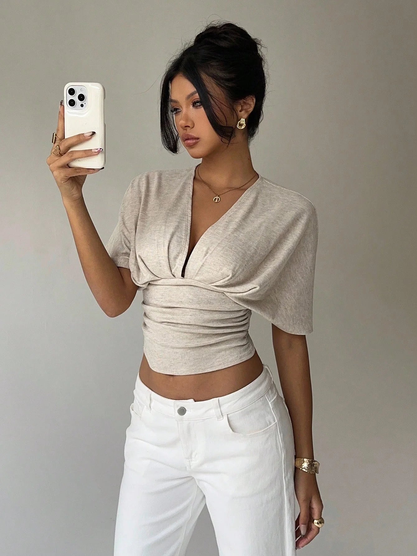 Women's Deep V-Neck Short Sleeve Fitted Tee — Apricot