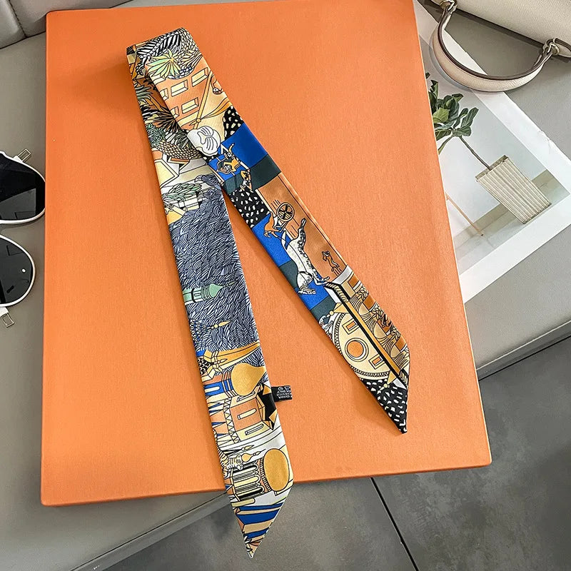 Women's Long Skinny Ribbon Scarf - Printed Hair Tie & Bag Band
