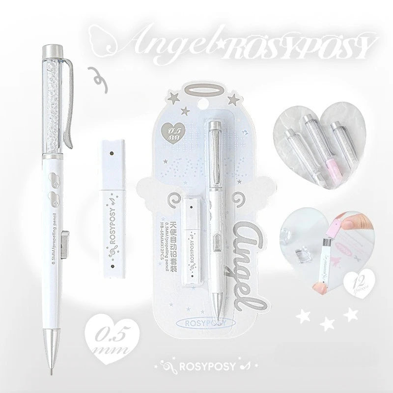 Angel Automatic Pencil Set 0.5HB Glitter Crystal Mechanical Pencil Push Button Cute Student Writing Tools Kawaii School Supplies