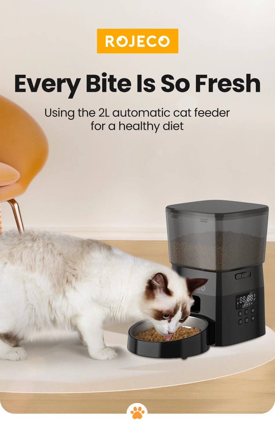 ROJECO Automatic Pet Feeder – 2L Smart Button Control Cat & Dog Food Dispenser | US/EU/KR Plug