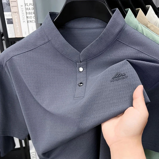 Men's Sport Mandarin Collar Polo - Breathable Mesh, Button Placket