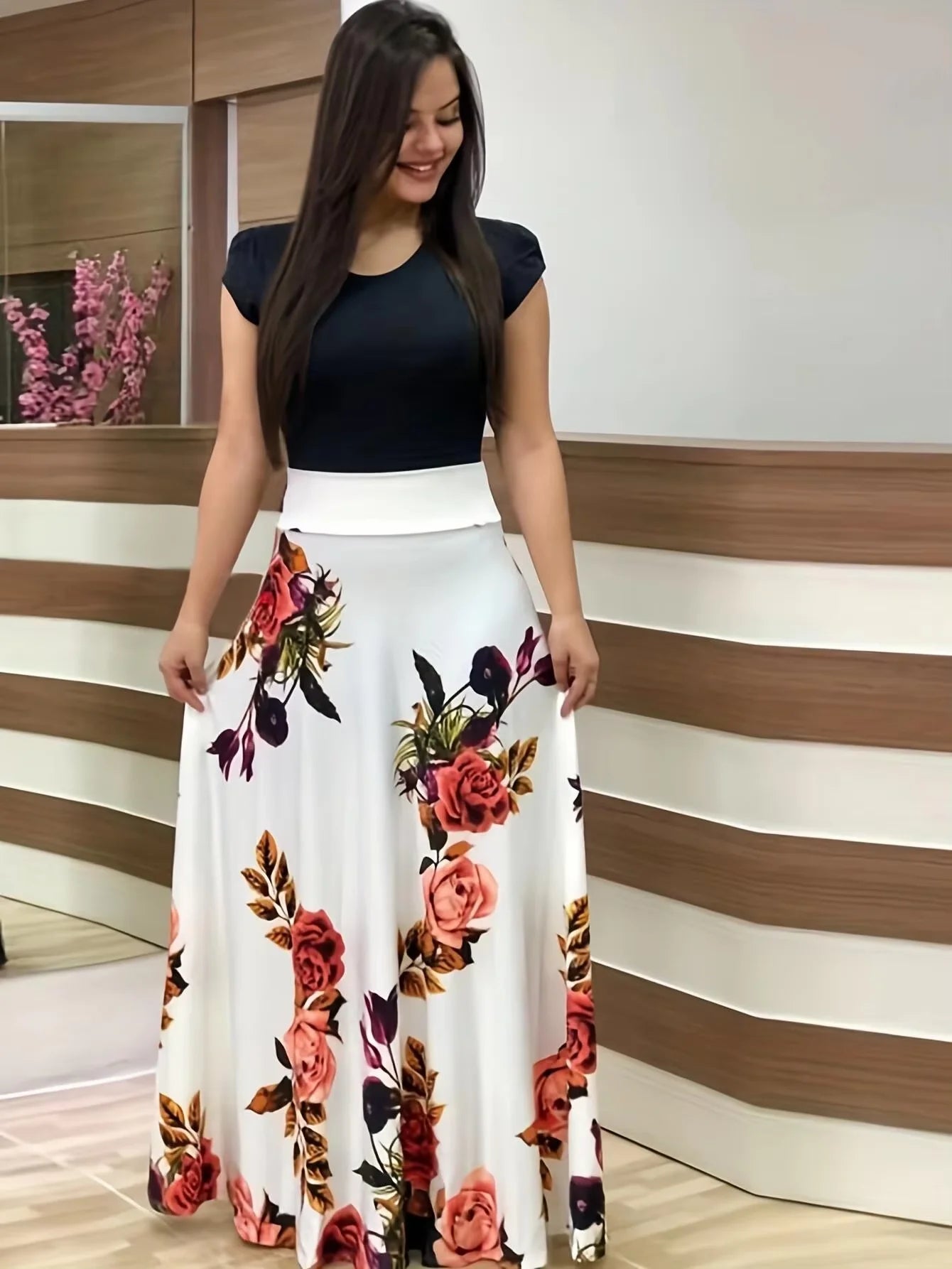 2025 European and American style flower print color matching short sleeved dress for women's large swing skirt