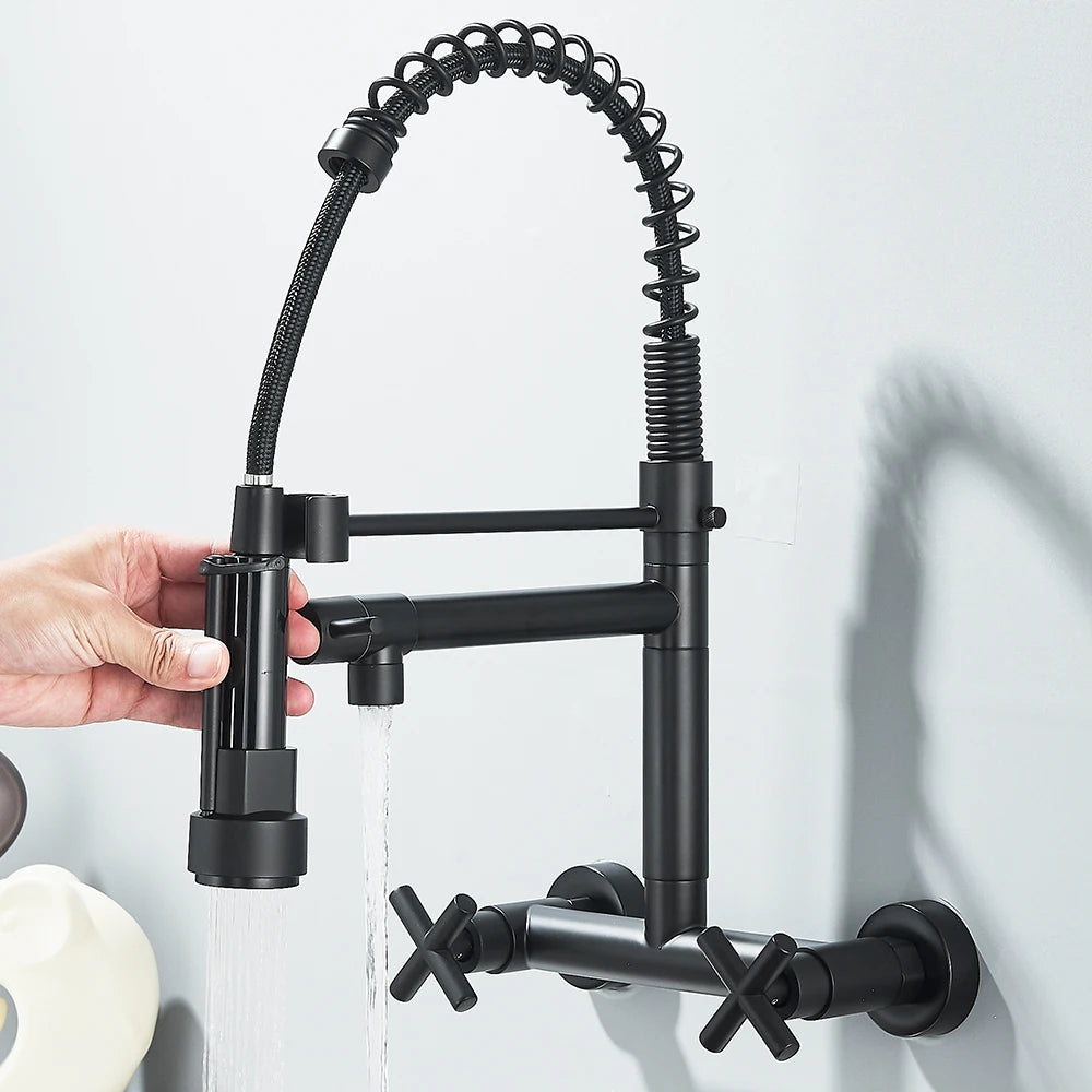 Pull Down Kitchen Faucet Wall Mounted Spring  Hot Cold Water Dual Spouts Kitchen Tap 20cm Distance For Two Holes